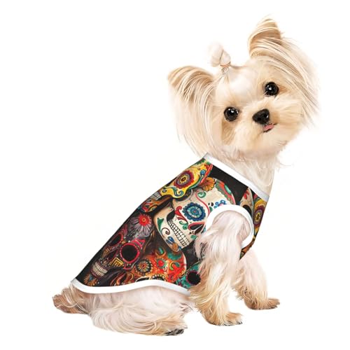 L Pet atmungsaktives ärmelloses T-Shirt – weiche Zuckerschädel-Druck, dehnbare Weste für kleine, mittelgroße Hunde und Katzen von LLOTPQ