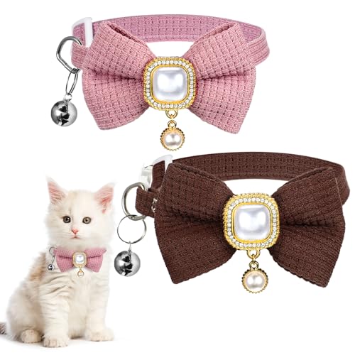 2 x Vintage-Perlenanhänger mit Fliege, Katzenhalsband, verstellbare Katzenhalsbänder für Mädchen und Katzen, Waffelgitter-Design, Anhänger, Kätzchen-Halsband, niedliches Katzenhalsband mit Glöckchen 2 x Vintage-Perlenanhänger mit Fliege, Katzenhalsband, verstellbare Katzenhalsbänder für Mädchen und Katzen, Waffelgitter-Design, Anhänger, Kätzchen-Halsband, niedliches Katzenhalsband mit Glöckchen von LLOUSSAK