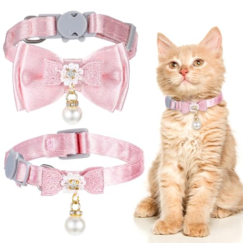 2 x rosa Katzenhalsband, niedliches Katzenhalsband mit Perle, verstellbares Katzenhalsband mit Schleife, Katzenhalsband, Rosa, Spitzenschleife, Perlen, Katzenhalsband, 20,3–26,7 cm, für Katzen und 2 x rosa Katzenhalsband, niedliches Katzenhalsband mit Perle, verstellbares Katzenhalsband mit Schleife, Katzenhalsband, Rosa, Spitzenschleife, Perlen, Katzenhalsband, 20,3–26,7 cm, für Katzen und von LLOUSSAK