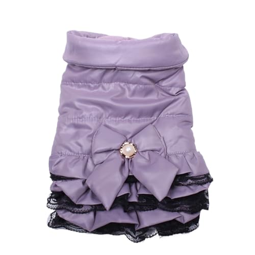 LMDO Hunde- und Katzenkleid, Mantel, Jacke, Kleid mit Schleife und Spitze, für den Winter, warme Kleidung (lila, XS) von LMDO