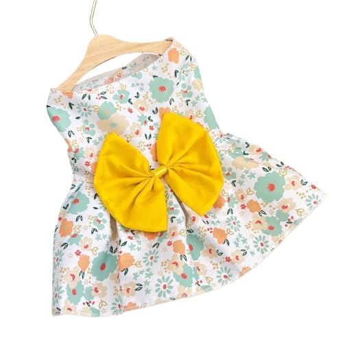 Sommerkleid, Prinzessinnenkleid, Kätzchen, Haustierrock, niedlich, bedruckt, Schleife, Spitze, Hundekleid für kleine mittelgroße Welpen, Pudel, Chihuahua, Bekleidung (Gelb, XS) von LMDO