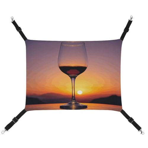 LMNGH Hängende Katzenhängematte, atmungsaktive Hängematte, ruhende Schlafunterlage für Katzen, verstellbar, Sonnenuntergang, Weinglas, bedruckt, Katzenbett, Haustierhängematte von LMNGH