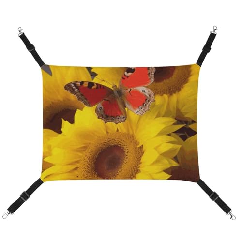 LMNGH Hängende Katzenhängematte, atmungsaktive Hängematte, ruhende Schlafunterlage für Katzen, verstellbar, gelbe Sonnenblumen mit rotem Schmetterling, bedruckt, Katzenbett, Haustierhängematte LMNGH Hängende Katzenhängematte, atmungsaktive Hängematte, ruhende Schlafunterlage für Katzen, verstellbar, gelbe Sonnenblumen mit rotem Schmetterling, bedruckt, Katzenbett, Haustierhängematte von LMNGH