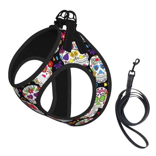Verstellbares Geschirr-Set für Katzen und Hunde, buntes Blumenschädel-Design, weich, atmungsaktiv, für Kätzchen, Welpen, Netzweste mit reflektierendem Design, ausbruchsichere Leine für kleine Verstellbares Geschirr-Set für Katzen und Hunde, buntes Blumenschädel-Design, weich, atmungsaktiv, für Kätzchen, Welpen, Netzweste mit reflektierendem Design, ausbruchsichere Leine für kleine von LMNvbz