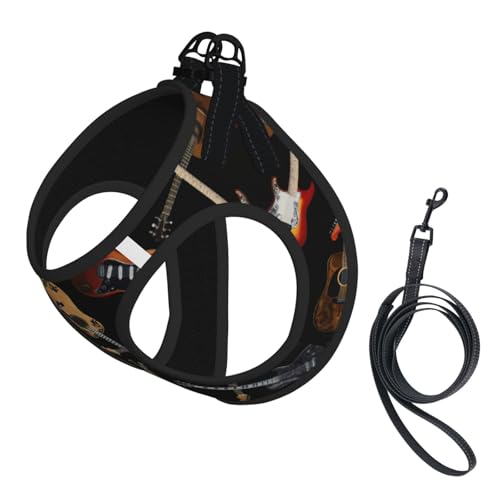 Verstellbares Geschirr-Set mit Gitarren-Aufdruck, für Katzen und Hunde, weich, atmungsaktiv, Kätzchen-Welpen-Netzweste mit reflektierendem Design, ausbruchsichere Leine für kleine Haustiere von LMNvbz