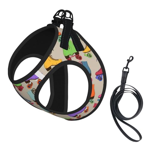 Verstellbares Geschirr für Katzen und Hunde, Retro-Design, bunt, Rollschuh-Druck, weich, atmungsaktiv, für Kätzchen, Welpen, Netzweste mit reflektierendem Design, ausbruchsichere Leine für kleine von LMNvbz