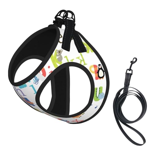 Verstellbares Geschirr mit buntem Tier-Alphabetdruck, für Katzen und Hunde, weich, atmungsaktiv, Kätzchen-Welpen-Netzweste mit reflektierendem Design, ausbruchsichere Leine für kleine Haustiere Verstellbares Geschirr mit buntem Tier-Alphabetdruck, für Katzen und Hunde, weich, atmungsaktiv, Kätzchen-Welpen-Netzweste mit reflektierendem Design, ausbruchsichere Leine für kleine Haustiere von LMNvbz