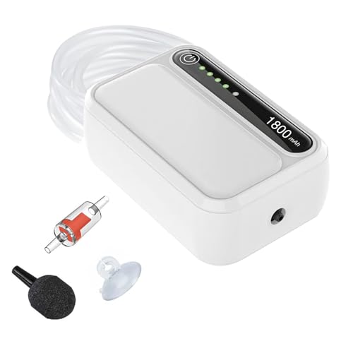 LNIDEAS Wiederaufladbare Aquarium Luftpumpe,1800mAh Batterie Sehr Leise Sauerstoffpumpe,Multifunktionale Aquariumpumpe mit komplett Zubehör für Angeln im Freien/Aquarium/Stromausfall (1 Auslass) von LNIDEAS