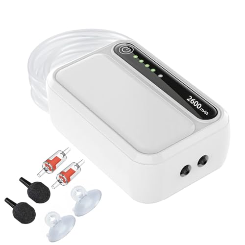 LNIDEAS Wiederaufladbare Aquarium Luftpumpe,2600mAh Batterie Sehr Leise Sauerstoffpumpe,Multifunktionale Aquariumpumpe mit komplett Zubehör für Angeln im Freien/Aquarium/Stromausfall (Doppel Auslass) von LNIDEAS