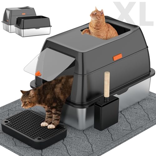 Edelstahl Katzenklo mit Haube, Geschlossene Katzentoilette mit Einstieg vorne & Oben, leicht zu reinigendes Metall Katzenklo für große Katzen - inkl. Katzenstreuschaufel & Matte - Schwarz von LOBEVE