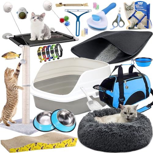 Lobeve Kätzchen-Starter-Set, 30-teiliges Katzenutensilien-Set. Perfektes Willkommensgeschenk für neue Katze. Das Set beinhaltet: Katzentoilette, Katzenbürste und mehr für Ihr Kätzchen, Blau von LOBEVE