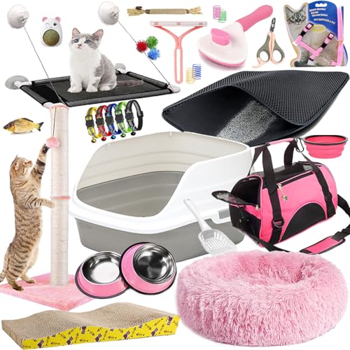 Lobeve Kätzchen-Starter-Set, 30-teiliges Katzenutensilien-Set. Perfektes Willkommensgeschenk für neue Katze. Das Set beinhaltet: Katzentoilette, Katzenbürste und mehr für Ihr Kätzchen, rosa von Lobeve