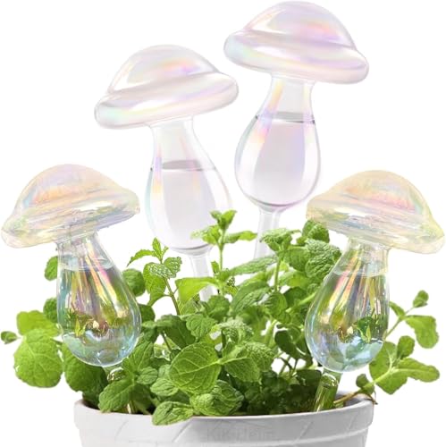 LOHOM Glas Bewässerungsspieß, 4-teilige Bunte Bewässerungskugeln für Pflanzen, Wassertropfen Pilz Selbstbewässernde Glühbirnen für Zimmerpflanzen, Garten und Balkon. (4 Bunte Pilze) von LOHOM