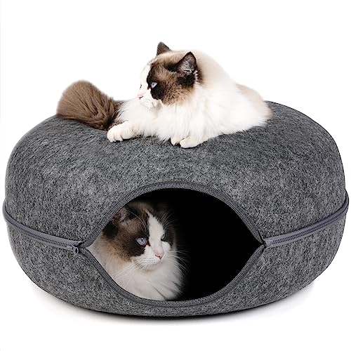 Bininl -Katzentunnel, Peekaboo -Höhlenbett für Innenkatzen, Donut -Tunnel für Pet Cat House, Abnehmbarer runder Filz- und Waschmaschinen -Innenspieltunnel (24 Zoll, dunkelgrau) von LOKAXXZU