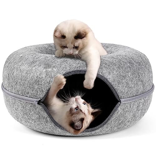 Bininl -Katzentunnel, Peekaboo -Höhlenbett für Innenkatzen, Donut für Tierhaus, abnehmbare runde Filz & waschbarer Katze Play -Tunnel (20 Zoll, hellgrau) von LOKAXXZU