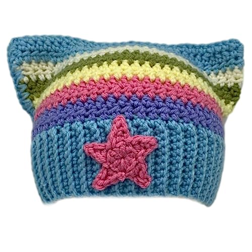 Häkelstreifenmuster Katzenohrhut mit Dangle Pompoms Winter gestrickt von LOKAXXZU