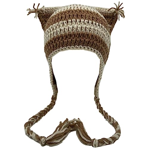 Häkelstreifenmuster Katzenohrhut mit Dangle Pompoms Winter gestrickt von LOKAXXZU