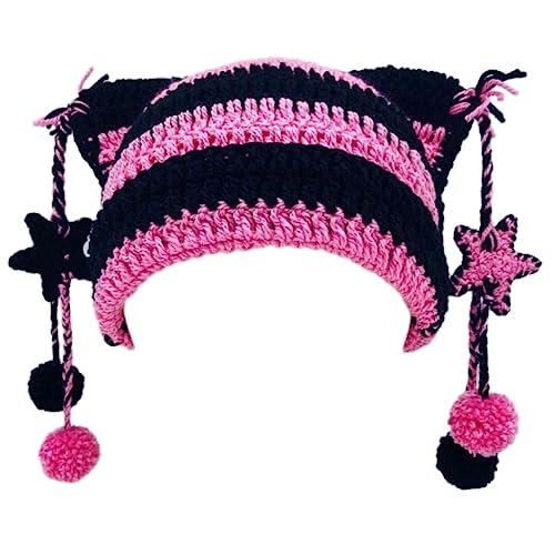 Häkelstreifenmuster Katzenohrhut mit Dangle Pompoms Winter gestrickt von LOKAXXZU