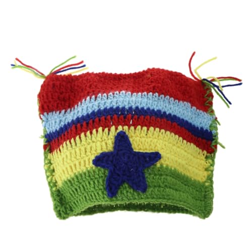 Häkelstreifenmuster Katzenohrhut mit Dangle Pompoms Winter gestrickt von LOKAXXZU