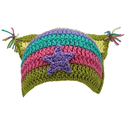 Häkelstreifenmuster Katzenohrhut mit Dangle Pompoms Winter gestrickt von LOKAXXZU