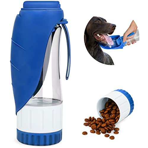Verbesserte Hundwasserflasche, tragbare Hundekatze Welpe Haustier Wasserspender Feeder mit Trinkbecher und Lebensmittelbehälter Lecknachweis für Gehen im Freien, Reisen, 12oz Blau von LOKAXXZU