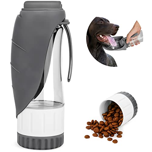 Verbesserte Hundwasserflasche, tragbare Hundekatze Welpe Haustier Wasserspender Feeder mit Trinkbecher und Lebensmittelbehälter Lecknachweis für Gehen im Freien, Reisen, 12oz grau von LOKAXXZU