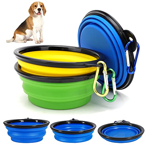 LOMUG 3 Stück Hundenäpfe Faltbare Reiseschale, 350ML Auslaufsichere Hundenapf mit Bergsteigerkarabiner für Katzen,Hunde und Haustiere für Wasser und Futter (Gelb+Grün+Blau, 350ML) von LOMUG