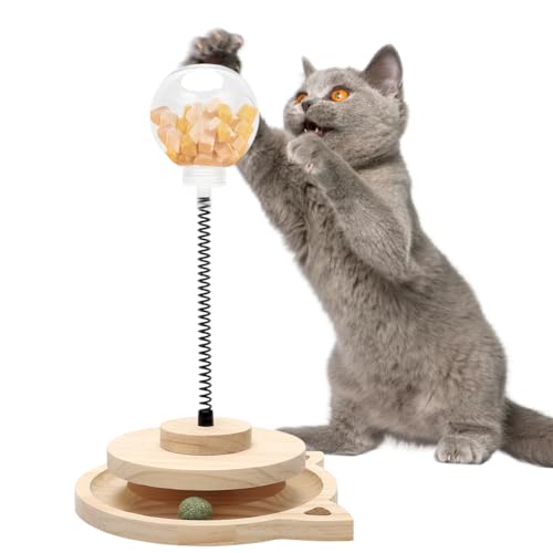 LOMUG Katzenfutter Spielzeug,Interaktives Katzenspielzeug aus Holz Katzenspielzeug für Hauskatzen Spielzeug für Katzen 2-Schicht Holzkatze Kugelbahn mit Katze Sping Treat Ball von LOMUG