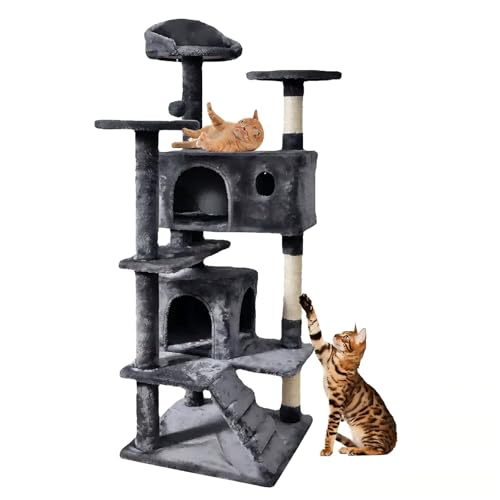 Kratzbaum Kletterbaum Sisal Katzenbaum mit Höhle Stabil Katzenmöbel Katzenregal (Dunkelgrau) von LONENESSL