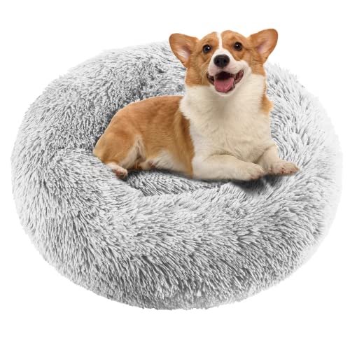 Plush Donut Dog Bed, Calming Cuddler Round Pet Bed, Faux Fur Flauschige Medium Sleeping Mat for Cat Dog Kitten Puppy, Soft and Comfortable Pet Cushion Machine Washable (M, Light Grey) von LONENESSL
