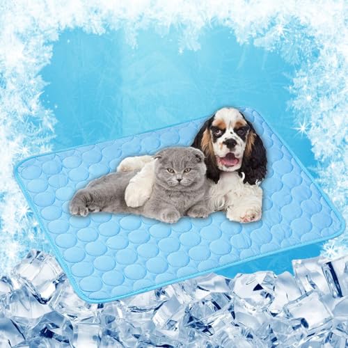 LONGCAO Kühlmatte für Hunde Und Katzen 40 x 30 cm Selbstkühlend, Abwischbar, Robust, mit Gel Waschbare, Weiche Kühlmatte für Hund, Kühldecke Hunde für Drinnen, Draußen Und Auto, Blau von LONGCAO