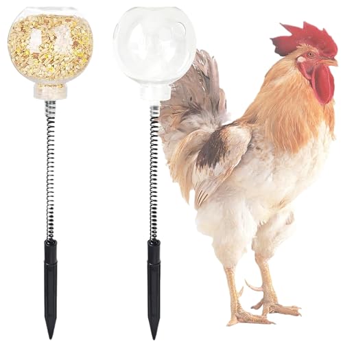 LONGHAO 2 pcs Hähnchen Futterautomat,Futterautomat Hühner,Hühner Spielzeug,Futterspender Hühner mit Frühling,Slow Feeder Hühner Spielzeug Zubehör,zum Aufhängen für Hühner,Hühner,Ente (#1, #1) von LONGHAO