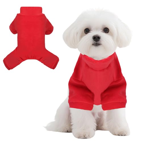 Fleece-Hunde-Pyjama, Rollkragen, Thermo-Schlafanzug, Haustier-Outfit, warmer Einteiler, weiche Welpenkleidung für kleine Hunde und Katzen, Rot, Größe S von LONTEPET