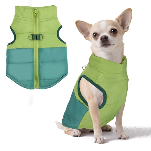 LONTEPET Winter-Hundemantel mit Ring für die Leine, warme Jacken, Welpen, kaltes Wetter, Haustierkleidung, Katzen-Outfits für kleine Hunde, Grün + Dunkelgrün, Größe L von LONTEPET