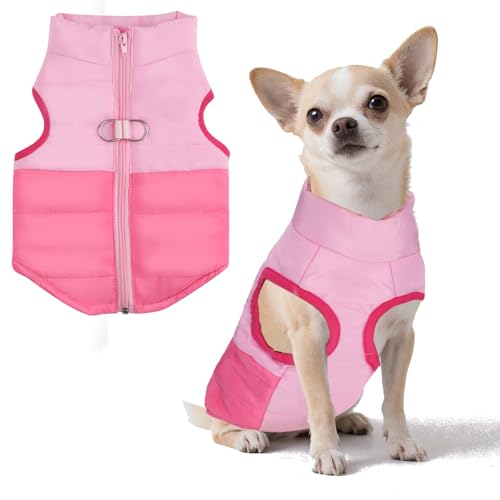 LONTEPET Winter-Hundemantel mit Ring für die Leine, warme Jacken, Welpen, kaltes Wetter, Haustierkleidung, Katzen-Outfits für kleine Hunde, Rosa + Rosered, Größe M von LONTEPET