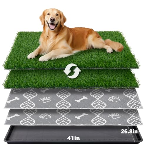 LOOBANI Große Hundegrasunterlage mit Tablett – 104,1 x 68,6 cm große Hundetoilette mit 2 Kunstrasen-Patches + 2 waschbare Urinierpads – Töpfchentablett für Balkon, Wohnung, Innen- und Außenbereich von LOOBANI