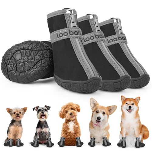 LOOBANI Hundeschuhe Pfotenschutz Outdoor, 4 Stück Hundeschuhe Wasserdicht mit Anti-Rutsch Gummisohle und reflektierendem Klettverschluss für kleine und mittlere Hunde(Schwarz, Größe 3) von LOOBANI