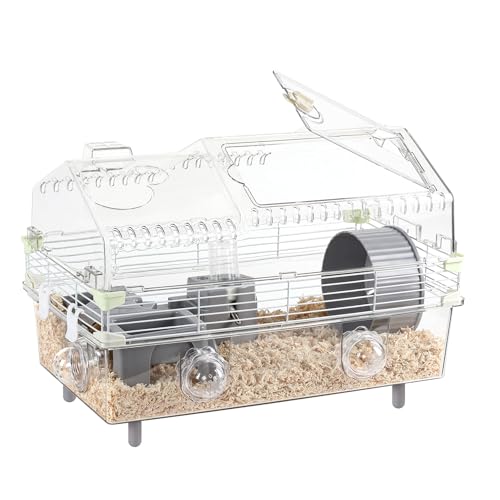 LOOBMBNS Hamsterkäfig-Set, 55,9 cm L x 30,5 cm B x 38,1 cm H, mit Kombination aus Badewanne und Futternapf und Stufen, φ15 Zoll Laufrad, Wasserflasche, Sonnendach, abschließbare Tür, transparent/grau von LOOBMBNS