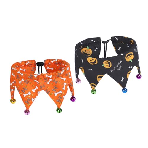 LOORGVEL 2 Stück Verstellbare Halloween Haustierhalsbänder mit Glöckchen Leichte Polyester Hund und Katzen Halskette für Welpen Komfortabel Atmungsaktiv für Halsumfang Orange und Schwarz von LOORGVEL