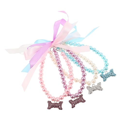 LOORGVEL 4 Stück Teiliges Haustierhalsband mit Verstellbarer Katzen und Hundehalskette Imitation Perlen und Knochenanhänger Leichtes Robustes Schmuckzubehör für Kleine Hunde und Katzen bei von LOORGVEL