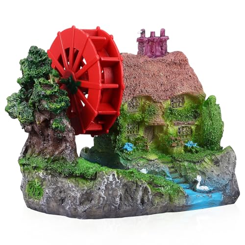 LOORGVEL Aquarium Dekoration Wasserhaus mit Wasserrad aus Resin Stabile Miniatur Wassermühle für Goldfisch Entspannende Landschaftsdeko mit Verstecktem Rückzugsort Geeignet für Fisch von LOORGVEL