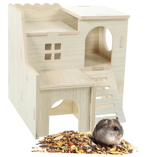 LOORGVEL Holzversteck für Hamster und Kleintiere Robustes Verschleißfestes Nagerhaus mit Rückzugsort und Spieltunnel Geeignet für Hamster Meerschweinchen Ratten Kleine Kaninchen von LOORGVEL