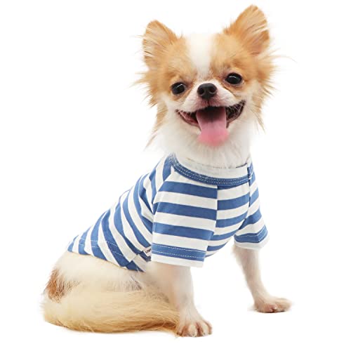 LOPHIPETS 100 % atmungsaktive Baumwolle gestreiftes Hunde-T-Shirt für kleine Hunde, Chihuahua, Welpenkleidung, Blau und Weiß gestreift/L von LOPHIPETS