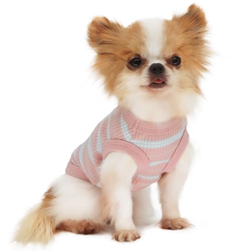 LOPHIPETS Geripptes Hunde-Shirt aus 100 % Baumwolle, für kleine Hunde, Chihuahua, Welpen, Kleidung, Tank-T-Shirt, Hellrosa/L von LOPHIPETS