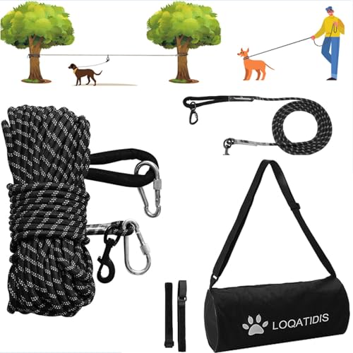 LOQATIDIS 3 in 1 Hund Tie Out Kabel, 15m 30m Portable Overhead Trolley System, reflektierende Hundeleine für Hof Camping Parks Training Laufen Wandern Outdoor, mit großer Kapazität Schultertasche LOQATIDIS 3 in 1 Hund Tie Out Kabel, 15m 30m Portable Overhead Trolley System, reflektierende Hundeleine für Hof Camping Parks Training Laufen Wandern Outdoor, mit großer Kapazität Schultertasche von LOQATIDIS