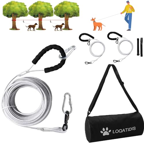 LOQATIDIS 3in1 Hund Läufer Kabelsystem, Hundeauslaufleine Metall 50ft 100ft Leine mit 360°Drehhaken, Hundeauslaufleine für Camping Ausbildung 500lbf/30m+2 * 3m Für 2 Hunde/Silber LOQATIDIS 3in1 Hund Läufer Kabelsystem, Hundeauslaufleine Metall 50ft 100ft Leine mit 360°Drehhaken, Hundeauslaufleine für Camping Ausbildung 500lbf/30m+2 * 3m Für 2 Hunde/Silber von LOQATIDIS