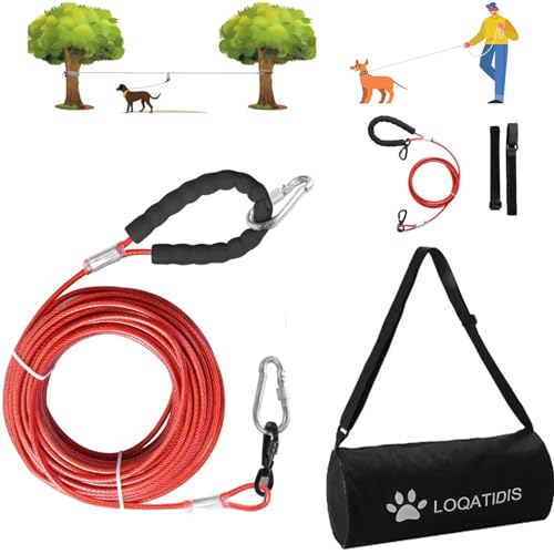 LOQATIDIS 3in1 Hund Läufer Kabelsystem, Hundeauslaufleine Metall 50ft 100ft Leine mit 360°Drehhaken, Hundeauslaufleine für Camping Ausbildung 250lbf/30m+3m/rot von LOQATIDIS