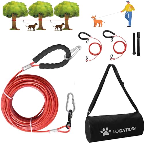 LOQATIDIS 3in1 Hund Läufer Kabelsystem, Hundeauslaufleine Metall 50ft 100ft Leine mit 360°Drehhaken, Hundeauslaufleine für Camping Ausbildung 500lbf/30m+2 * 3m Für 2 Hunde/Rot von LOQATIDIS