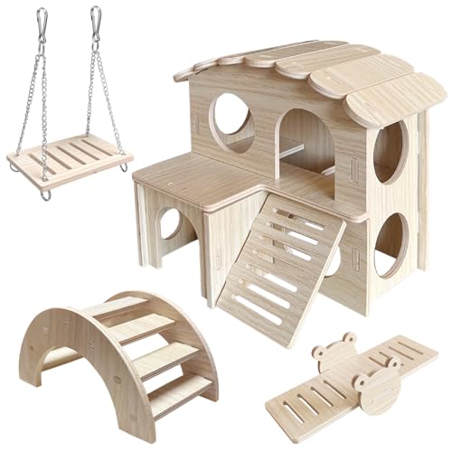 LOS ANDES Hamster Doppeldecker Holzhaus, Wippe Spielzeug, Brücke und Schaukel Versteck Käfig Dekor für syrische Hamster Zwerg Rennmaus Mäuse Ratte Kleintiere von LOS ANDES