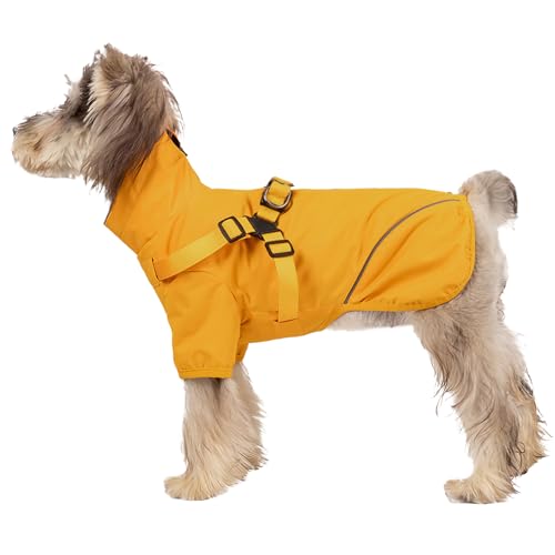 Hunde-Regenmantel mit Geschirr für kleine und mittelgroße Hunde, wasserdichte Welpen-Hunde-Regenjacke mit reflektierenden Streifen (Gelb, M) von LOSHALL